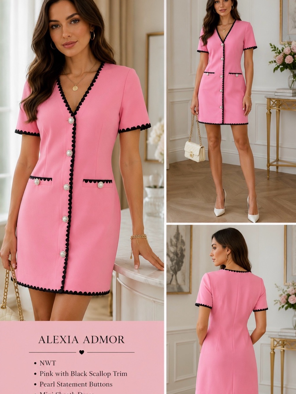 NWT Alexia Admor Pink Black Trim Pearl Button Mini Sheath Dress Size 8